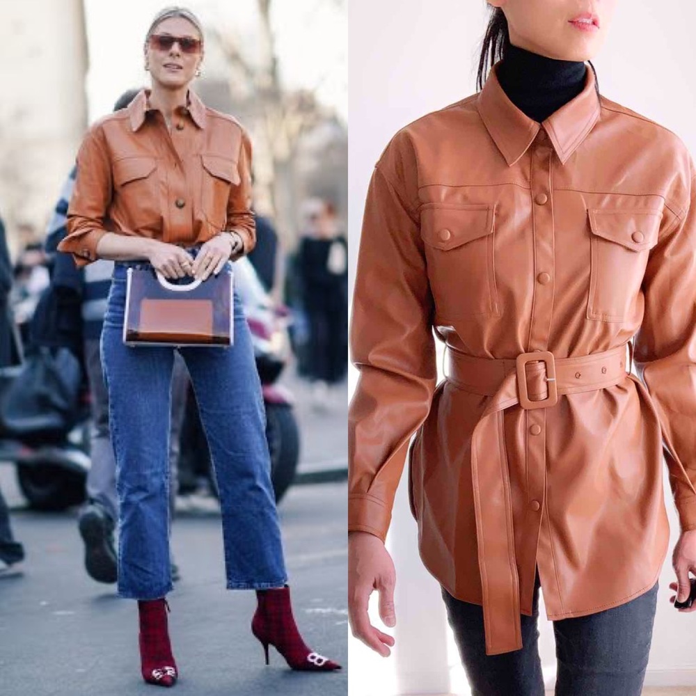 FAUX LEATHER BELTED SHACKET - COGNAC